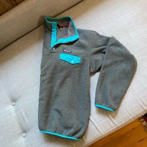 Patagonia Synchilla dark grey and turquoise snap fleece